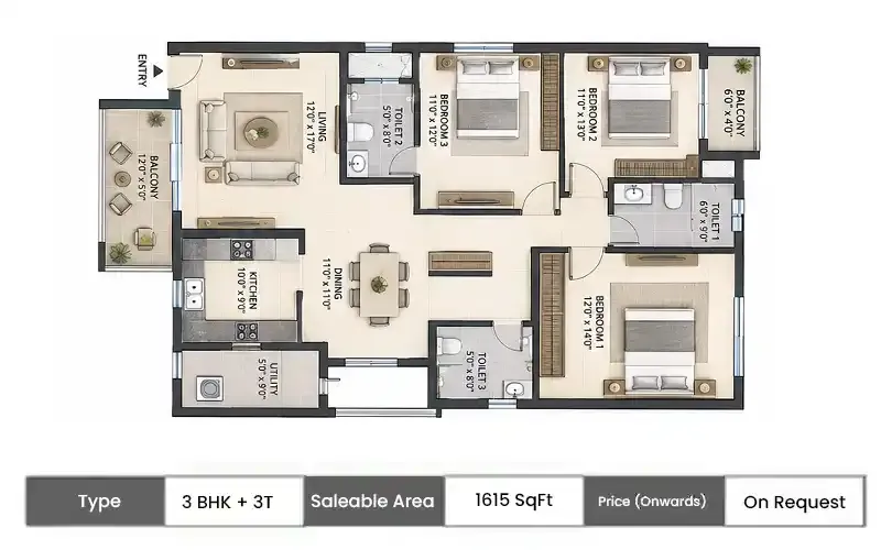 Srijan Orizon 3 BHK + 3T floor plan, 1615 sq ft saleable area