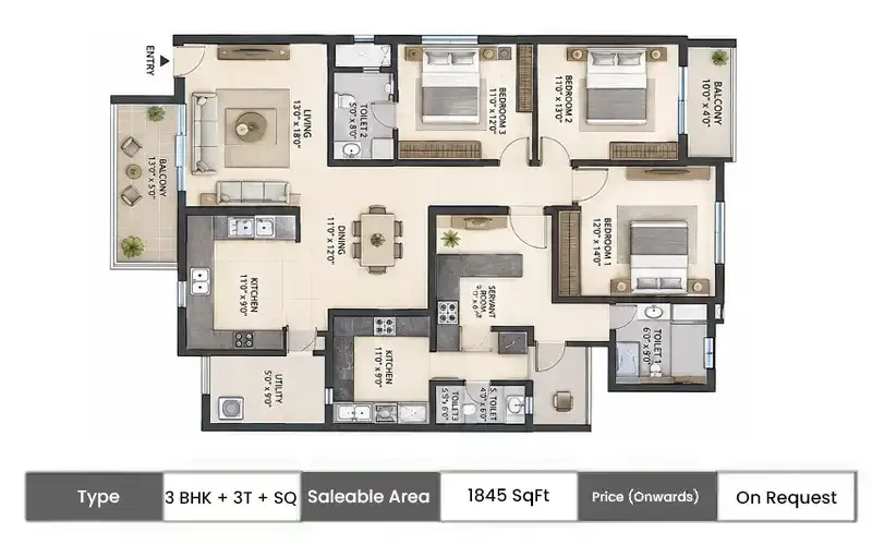 Srijan Orizon 3 BHK + 3T + SQ floor plan, 1845 sq ft saleable area