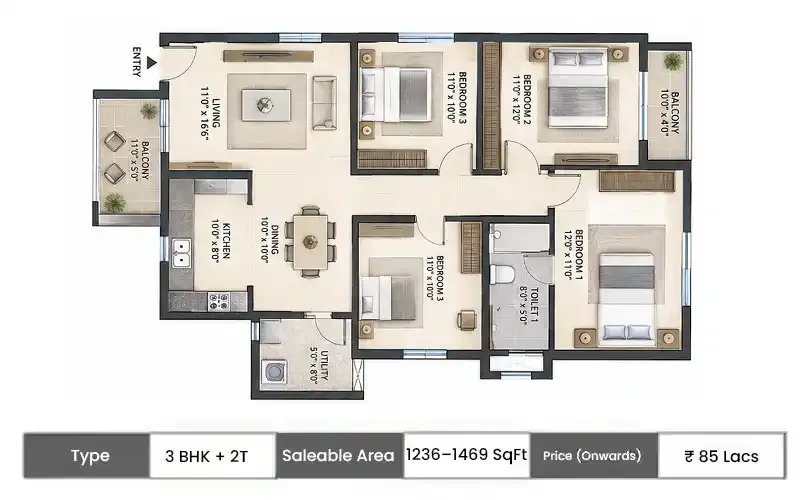 Srijan Orizon 3 BHK + 2T floor plan, 1236 sq ft saleable area